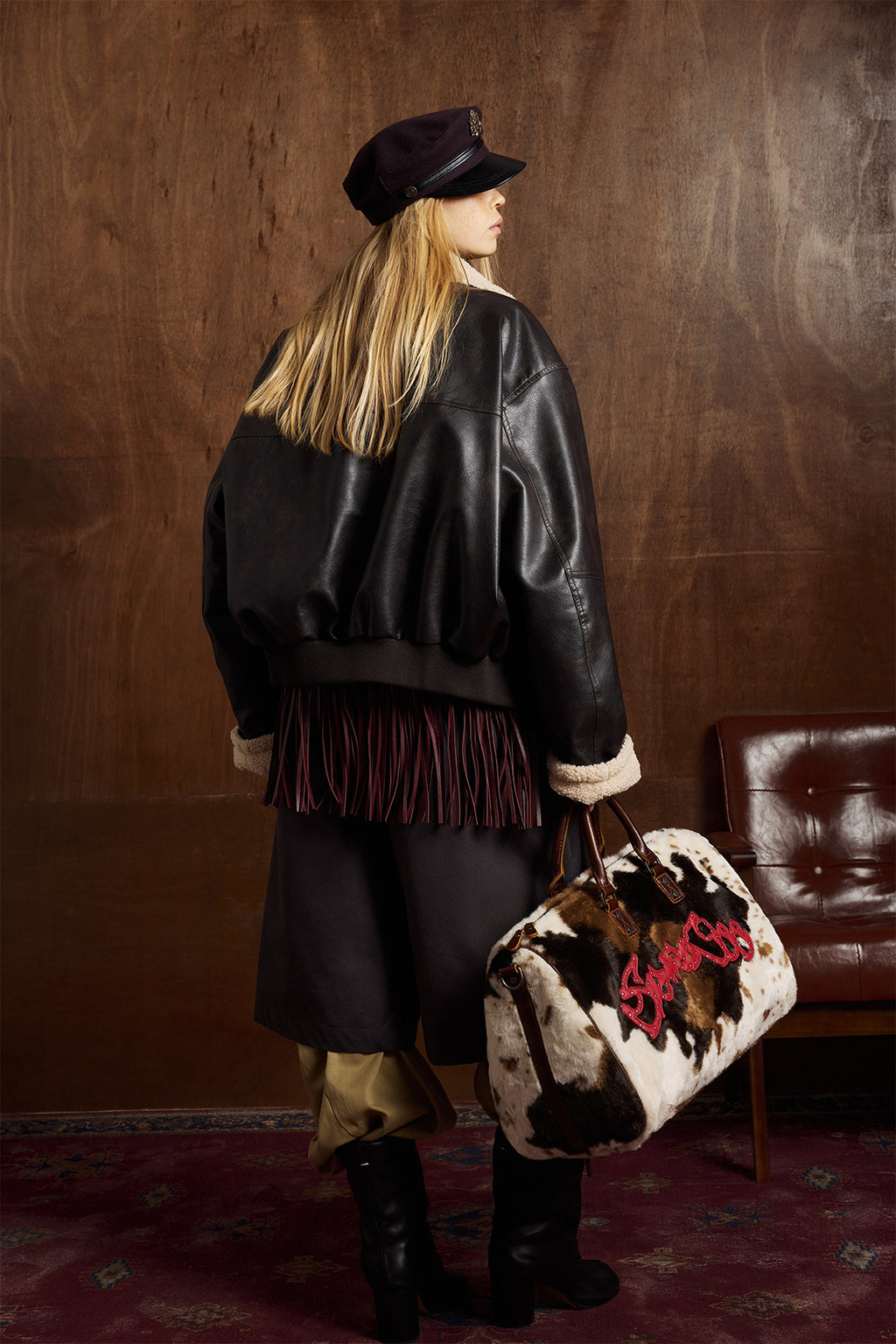 Oversize Fleece Lining Faux Leather Flight Bomber Jacket