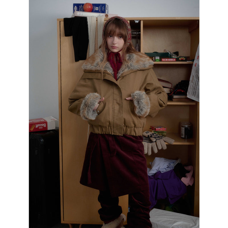 Brown Faux Fur Cropped Funnel Jacakets