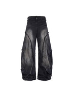 Baggy Curved Wave Distressed Denim Pants