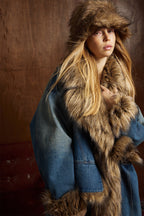 Faux Fur Dropped Shoulder Denim Coat