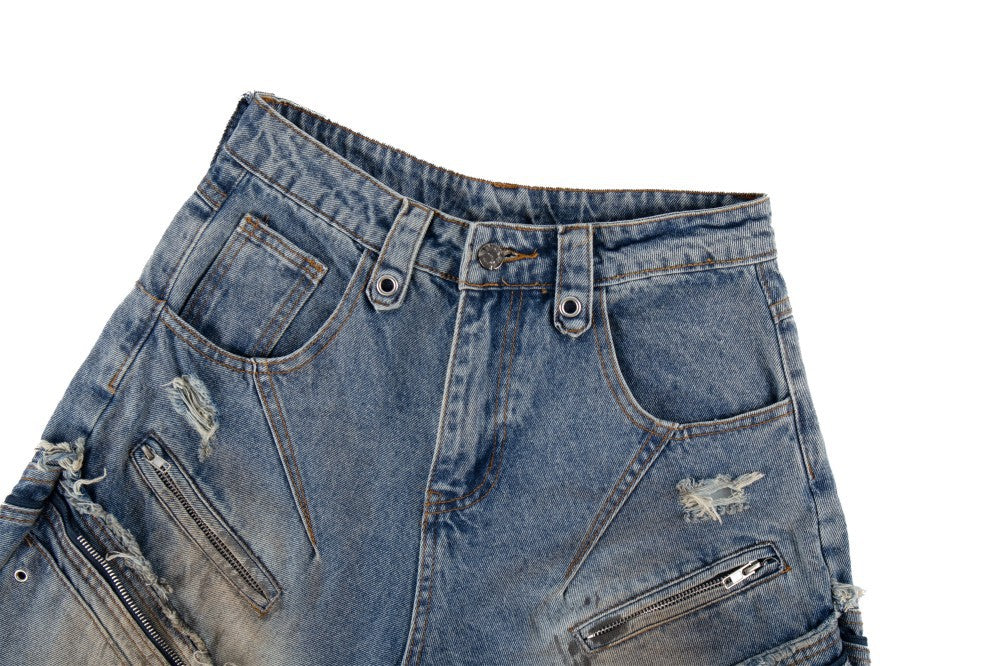 Baggy Curved Wave Distressed Denim Pants