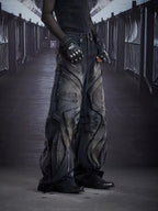 Baggy Curved Wave Distressed Denim Pants