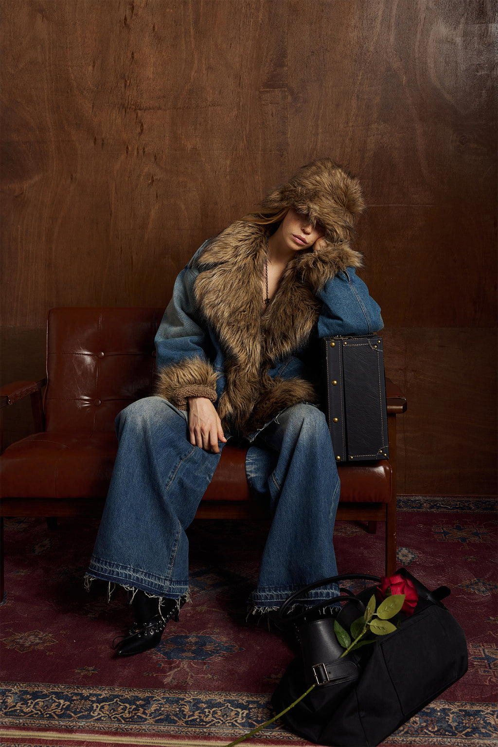 Faux Fur Dropped Shoulder Denim Coat