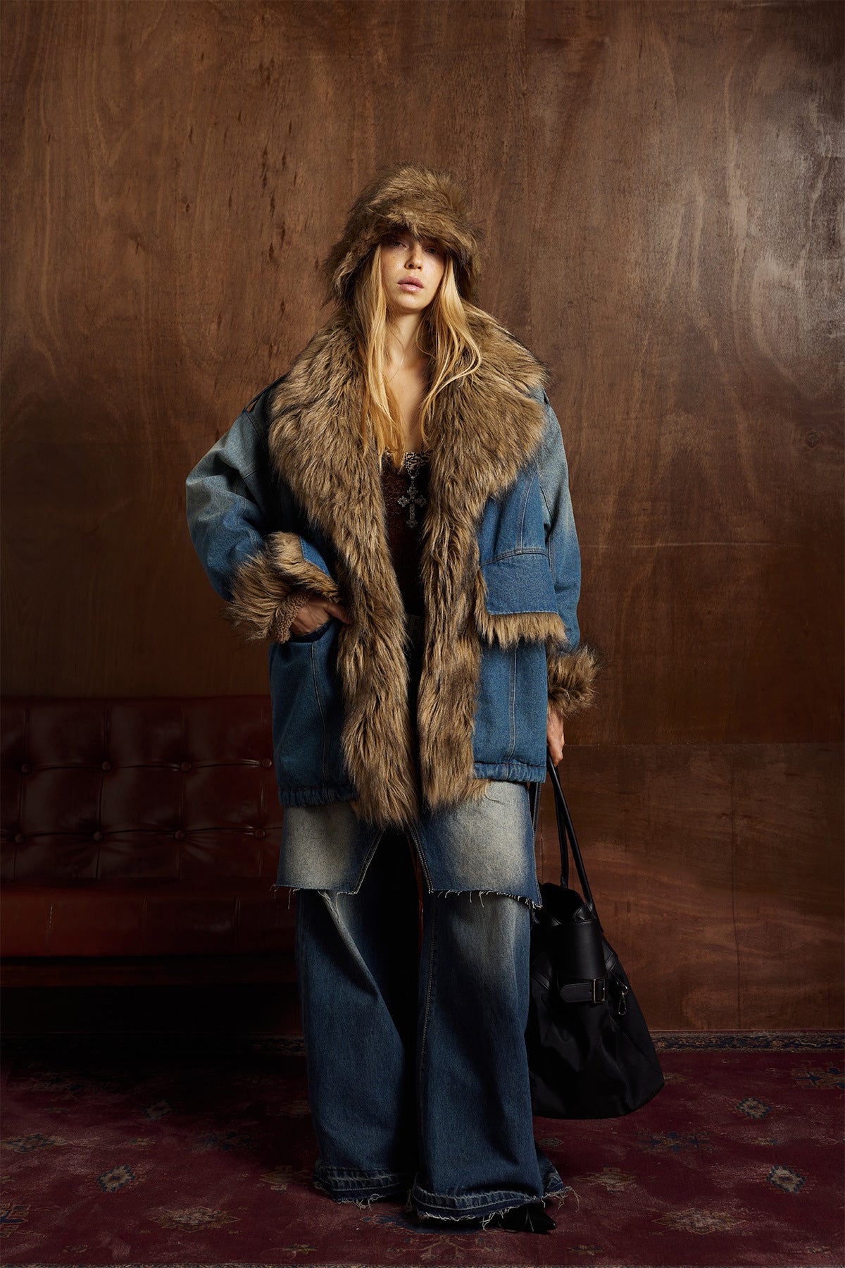 Faux Fur Dropped Shoulder Denim Coat
