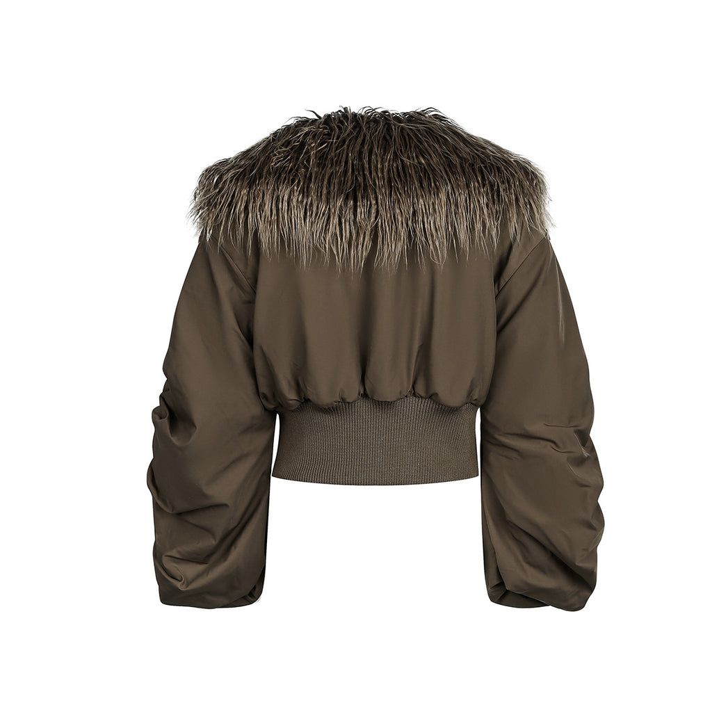 Brown Faux Fur Cropped Zip-Up Bomber