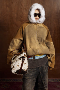 Patched Faux Fur Hooded Flight Zip-up Bomber