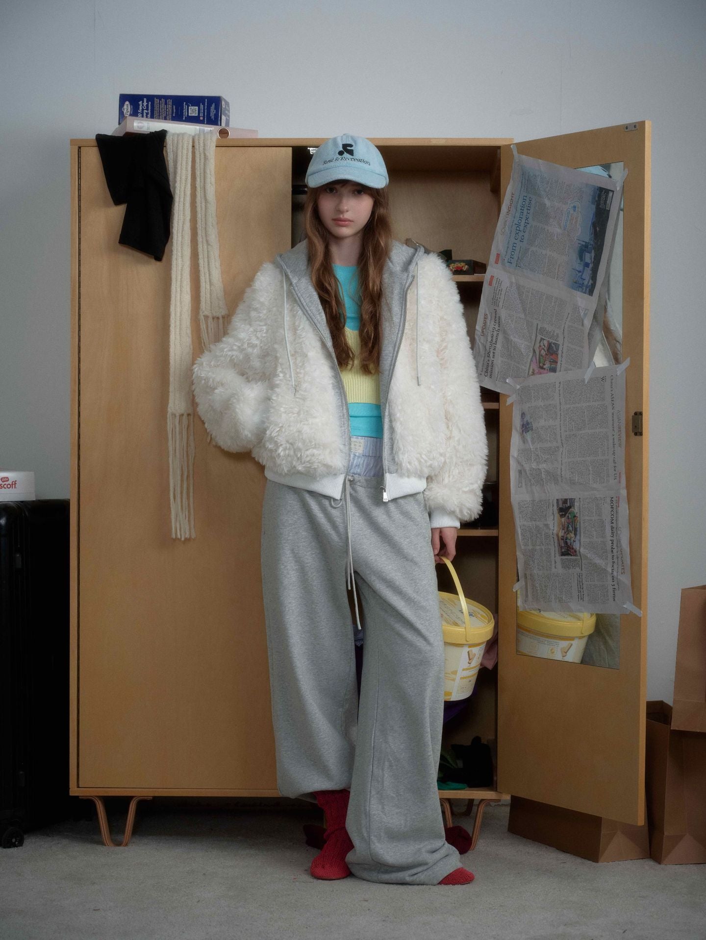 White Fleece Fur Hooded Zip Up Jackets