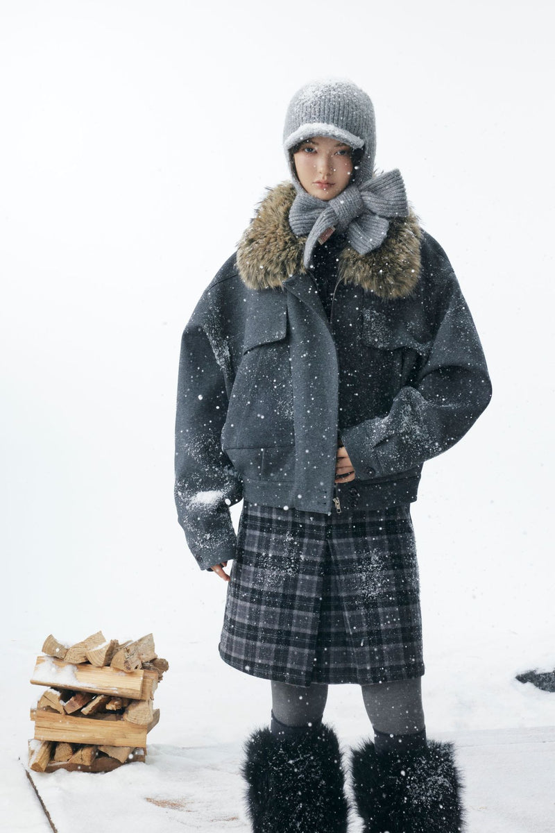 Grey Detachable Faux Fur Neck Hiking Jacket