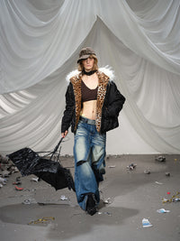 Leopard Fleeced Faux Fur Hooded Flight Jackets