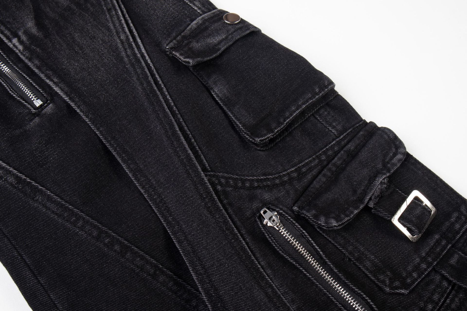 Black Biker Curved Baggy Pants