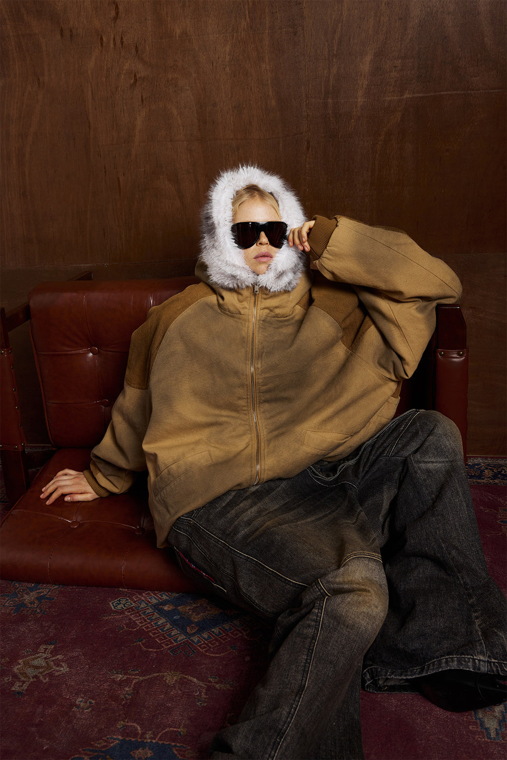 Patched Faux Fur Hooded Flight Zip-up Bomber