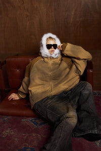 Patched Faux Fur Hooded Flight Zip-up Bomber