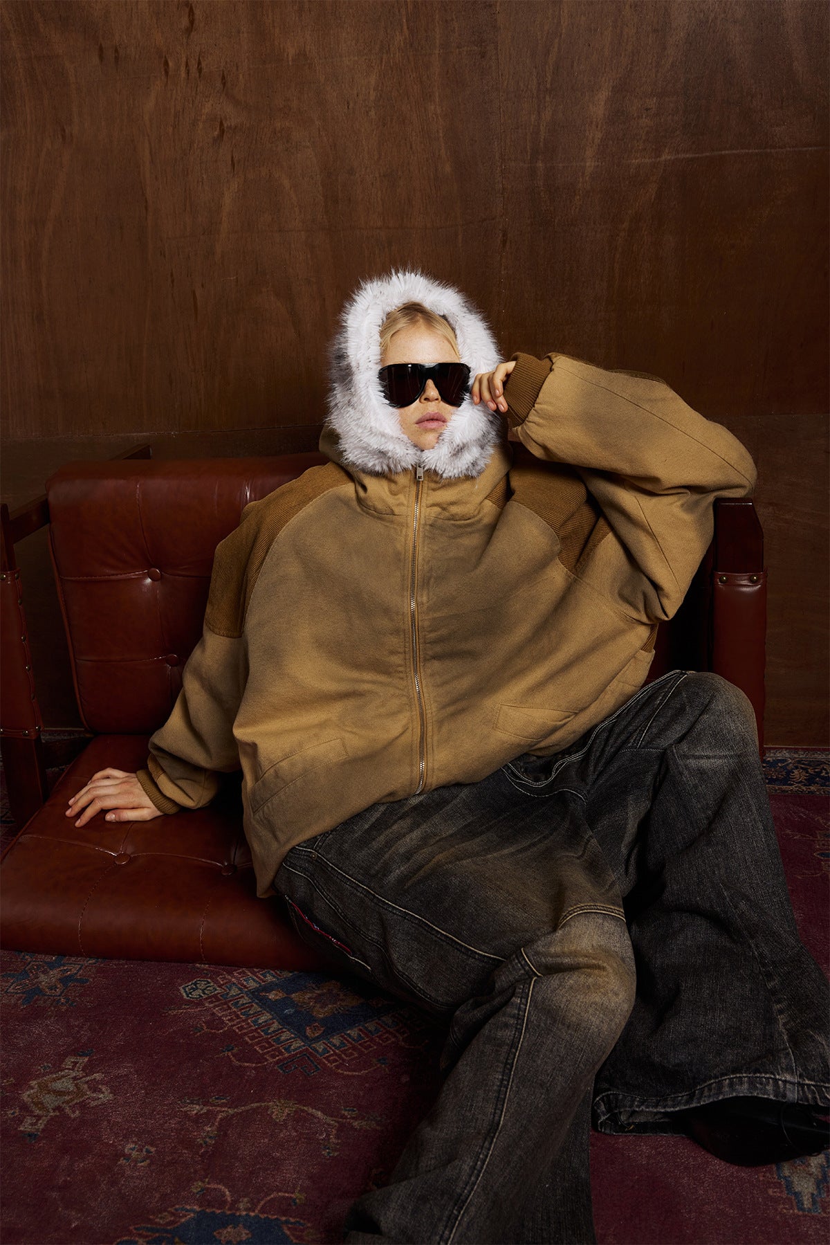 Patched Faux Fur Hooded Flight Zip-up Bomber