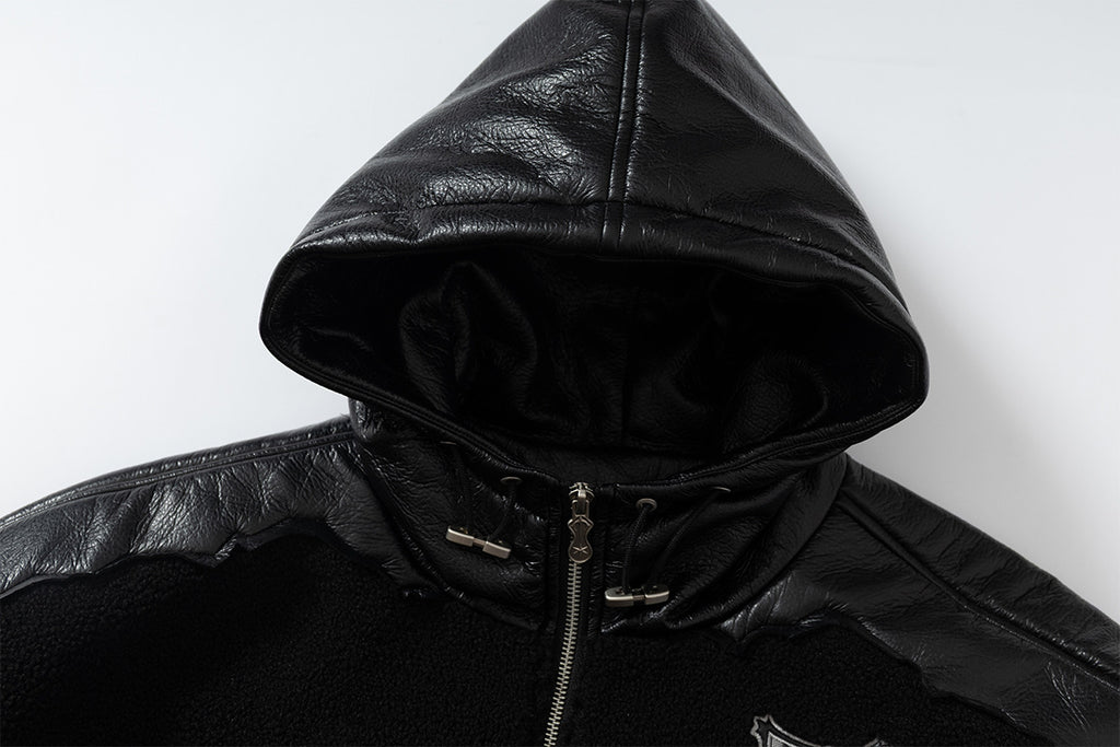 Fleeced Faux Leather Hooded Zip-Up Funnel Jacket