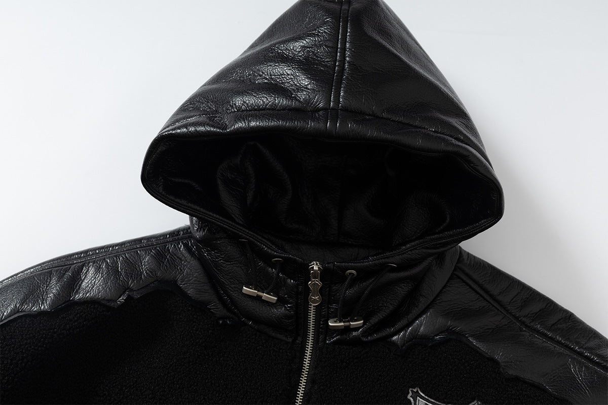 Fleeced Faux Leather Hooded Zip-Up Funnel Jacket