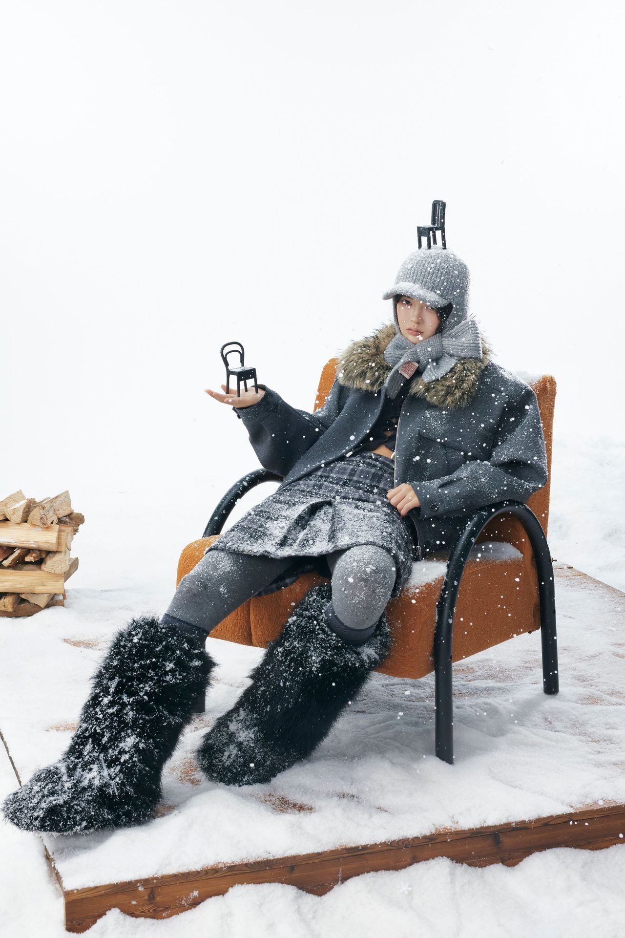 Grey Detachable Faux Fur Neck Hiking Jacket