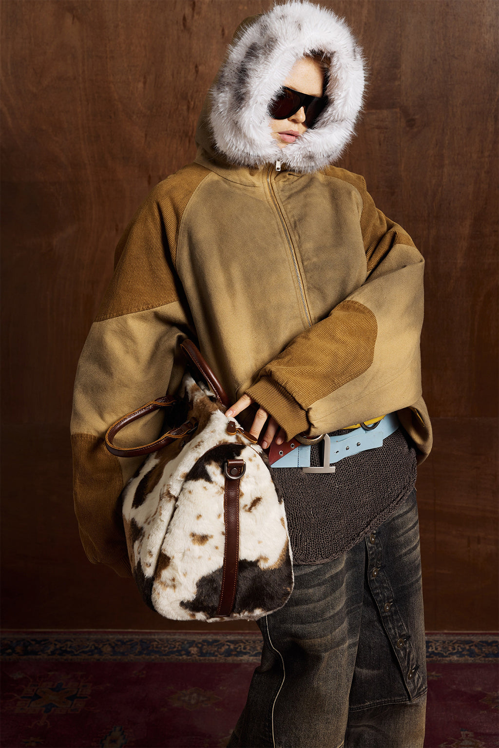 Patched Faux Fur Hooded Flight Zip-up Bomber