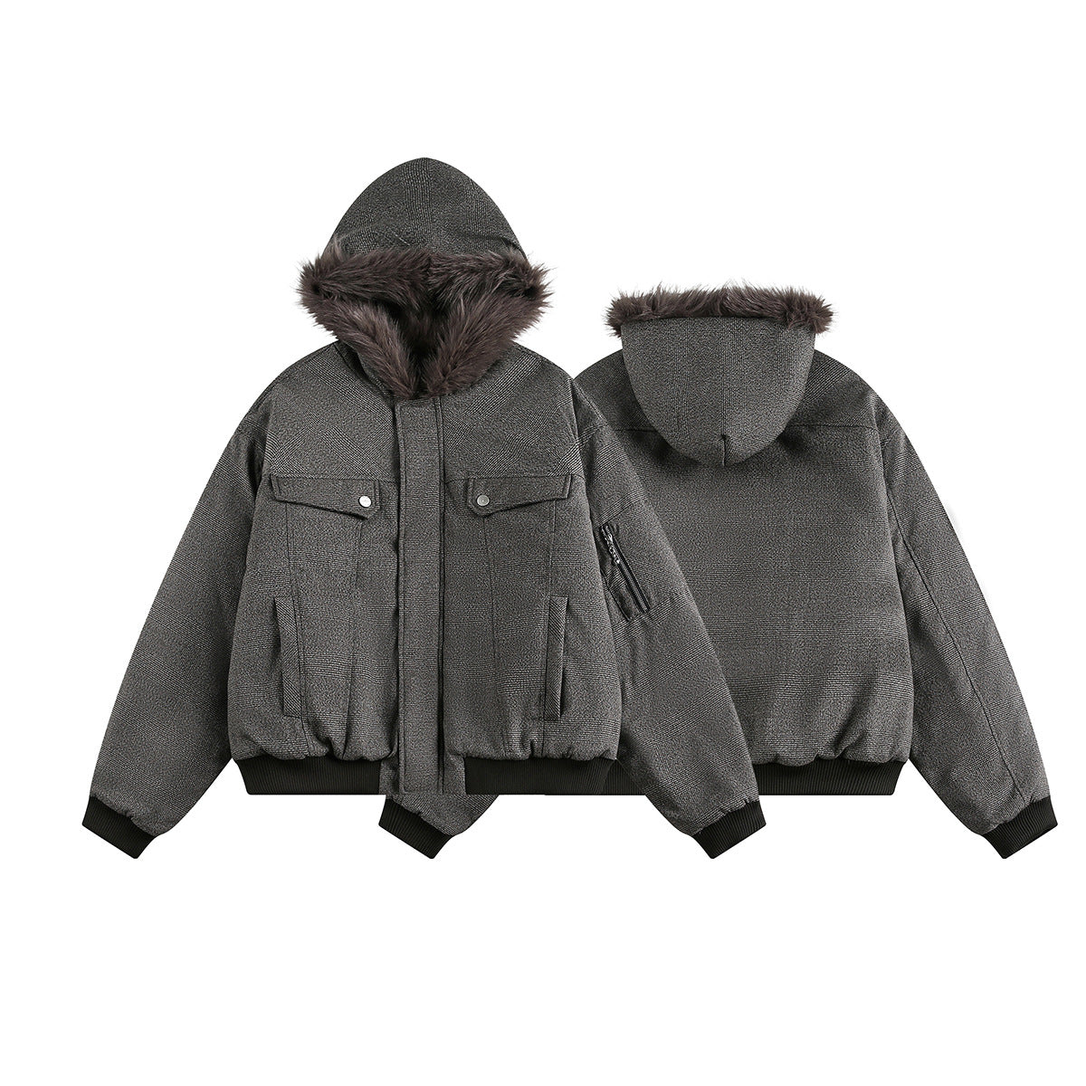 Grey Faux Fur Hooded Flight Jacket