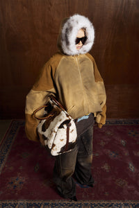 Patched Faux Fur Hooded Flight Zip-up Bomber