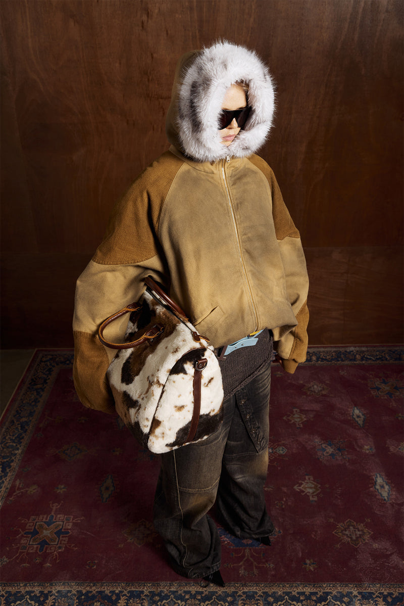 Patched Faux Fur Hooded Flight Zip-up Bomber