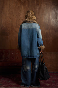 Faux Fur Dropped Shoulder Denim Coat