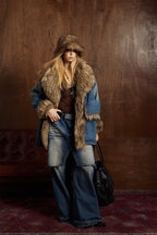 Faux Fur Dropped Shoulder Denim Coat