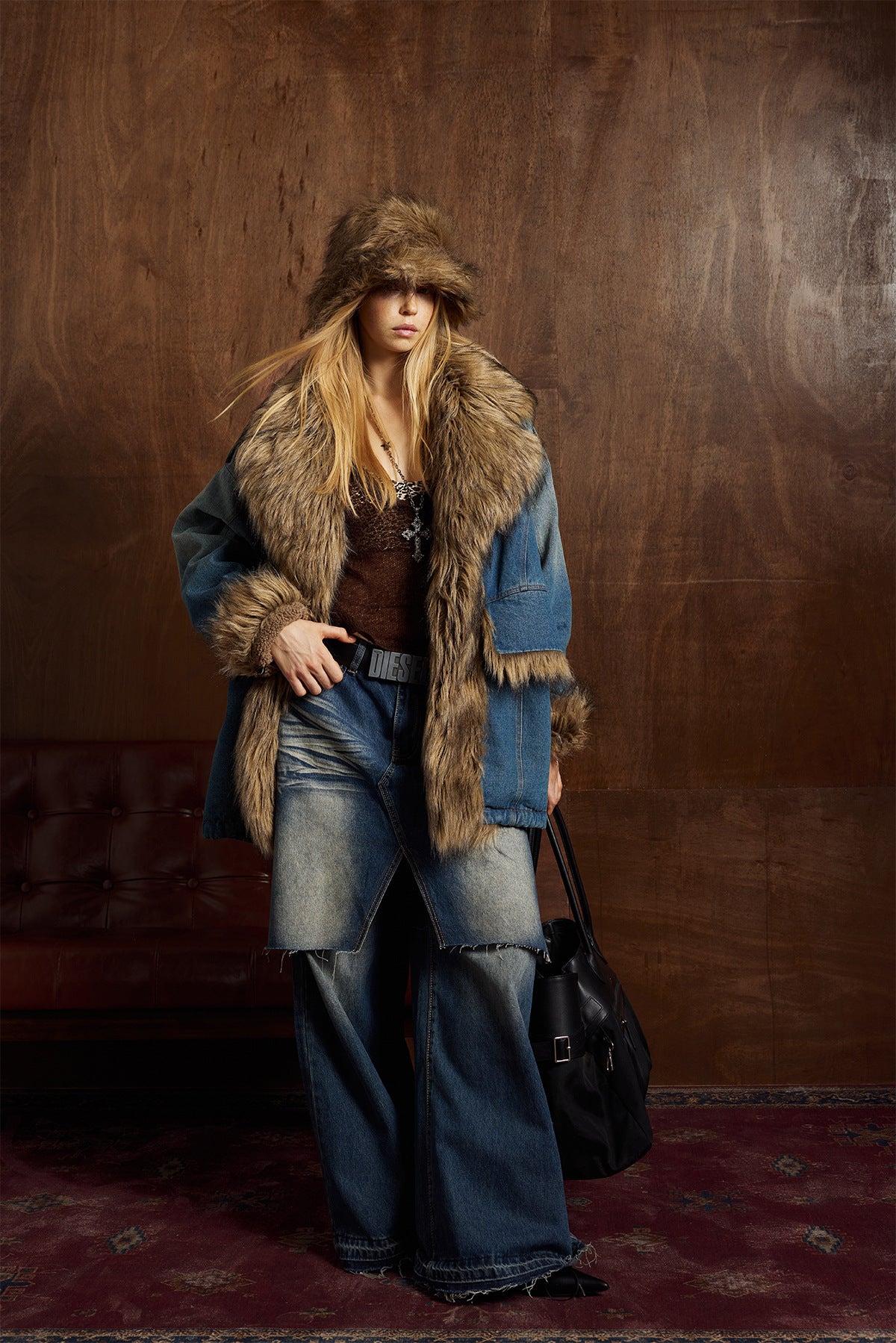 Faux Fur Dropped Shoulder Denim Coat