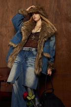 Faux Fur Dropped Shoulder Denim Coat