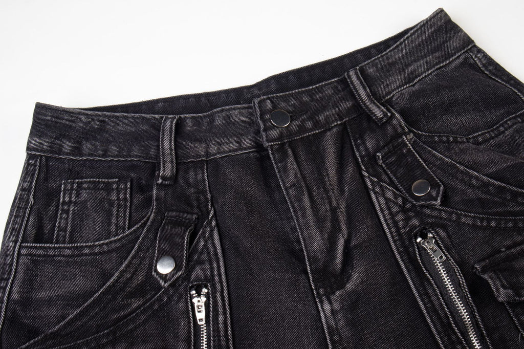 Black Biker Curved Baggy Pants