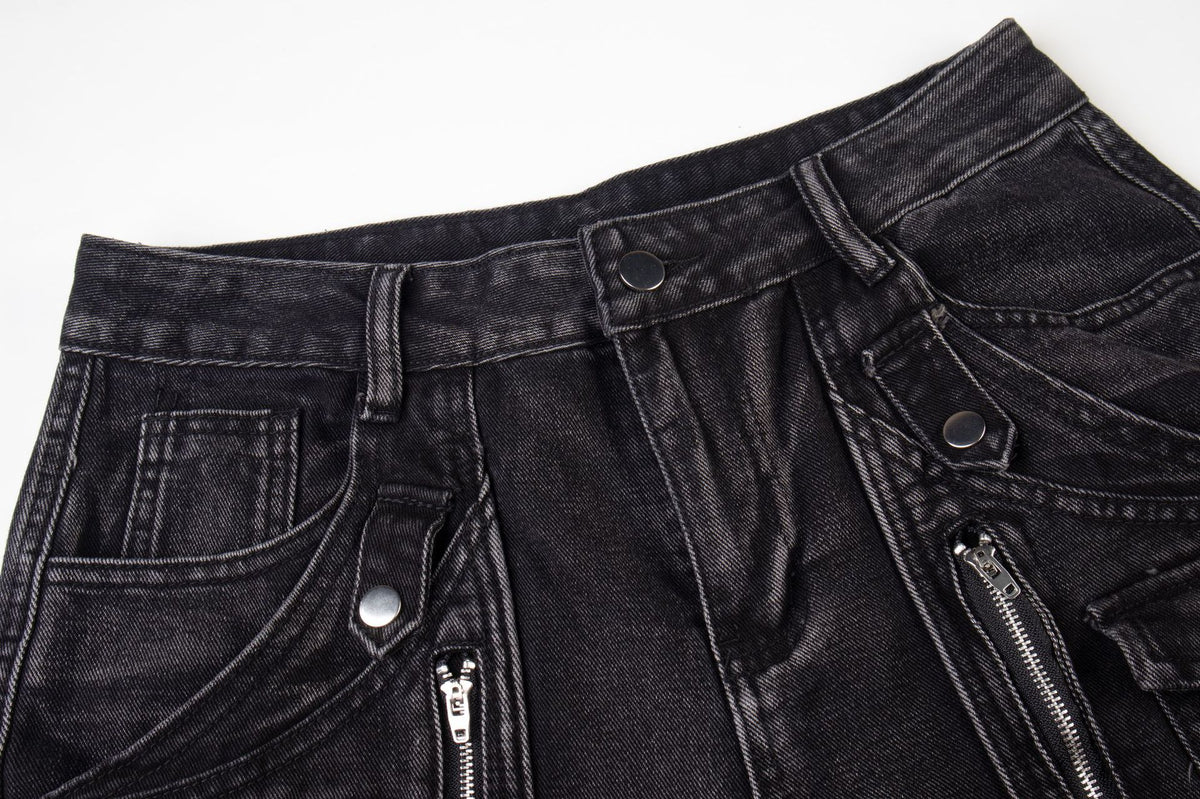 Black Biker Curved Baggy Pants