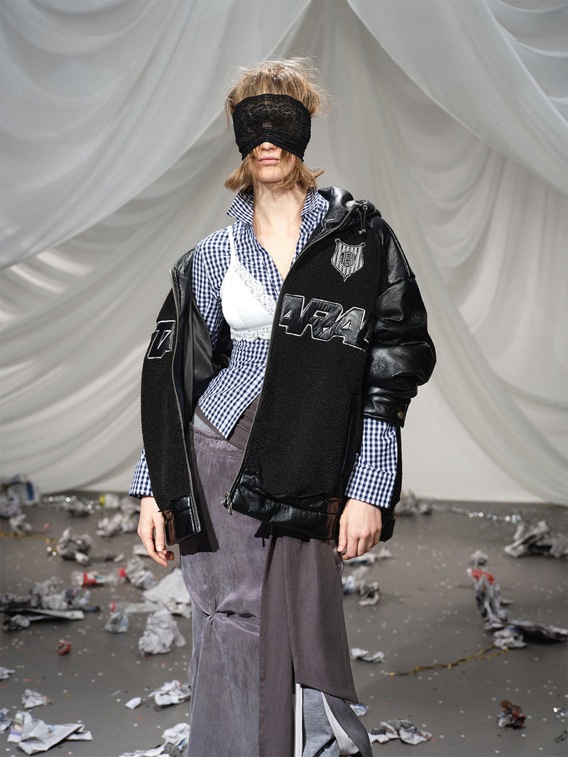 Fleeced Faux Leather Hooded Zip-Up Funnel Jacket