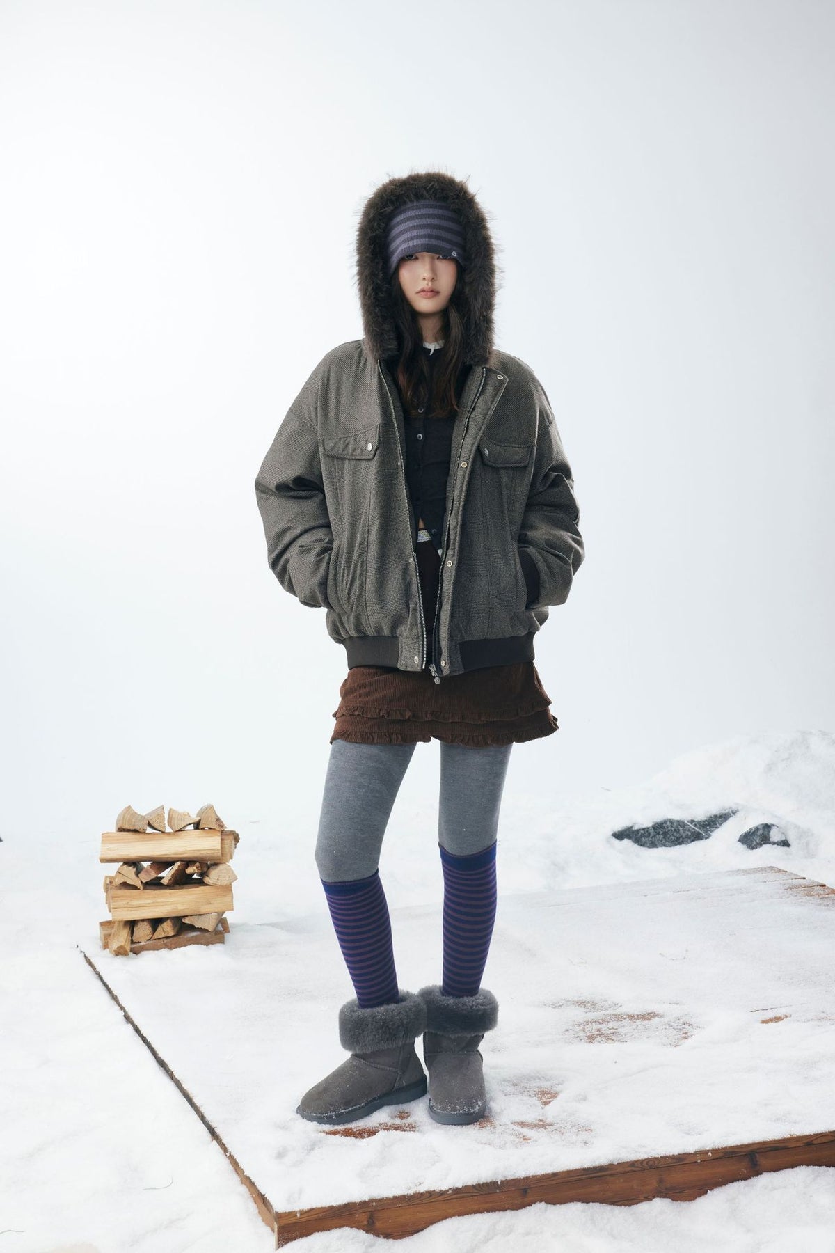 Grey Faux Fur Hooded Flight Jacket