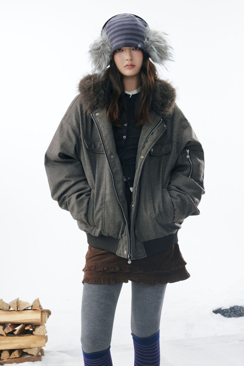 Grey Faux Fur Hooded Flight Jacket