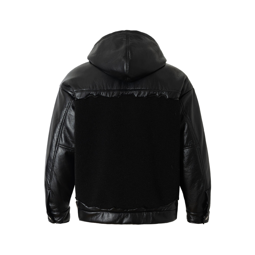 Fleeced Faux Leather Hooded Zip-Up Funnel Jacket