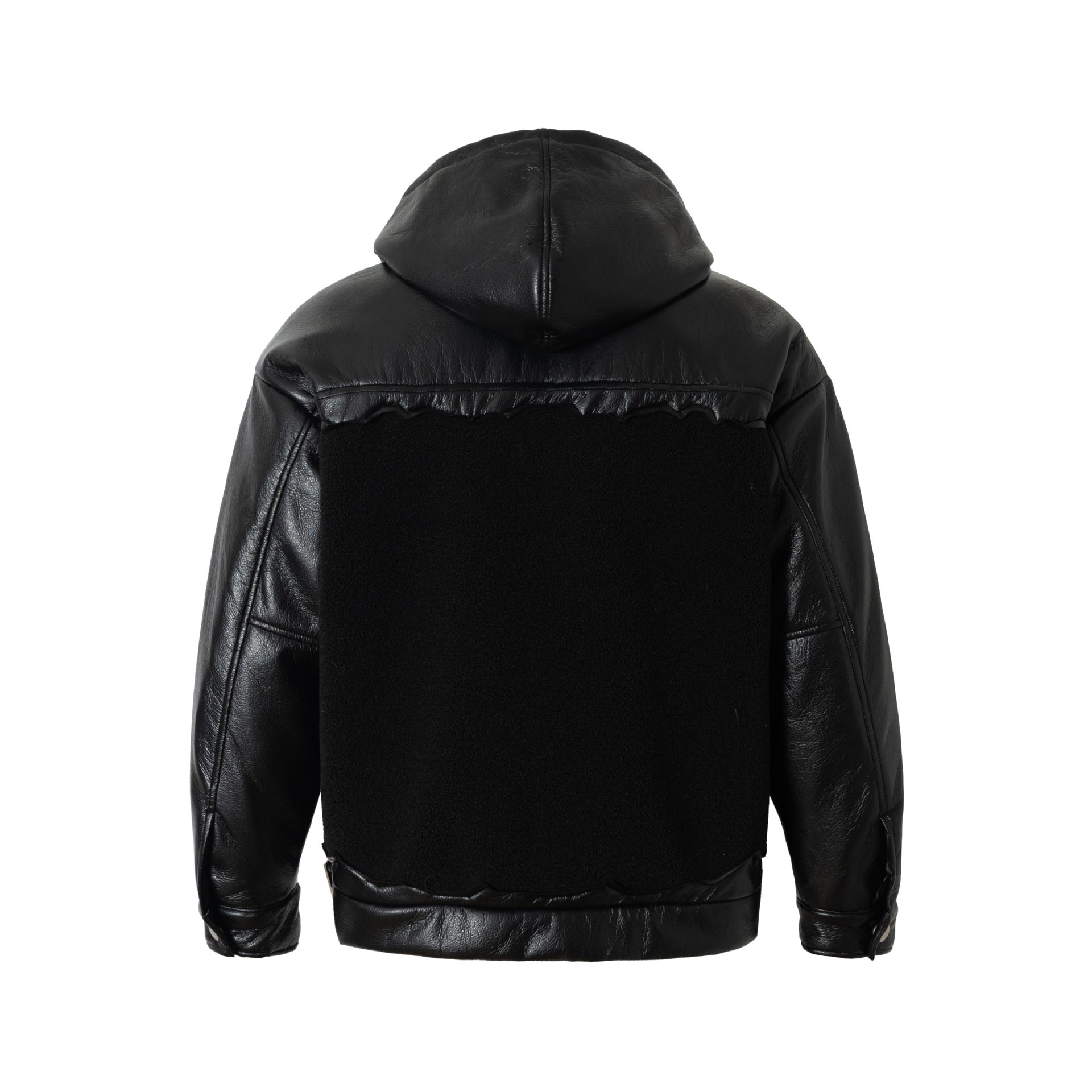 Fleeced Faux Leather Hooded Zip-Up Funnel Jacket
