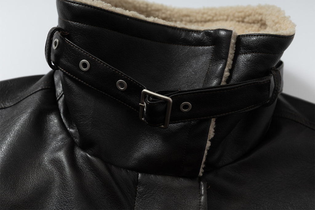 Oversize Fleece Lining Faux Leather Flight Bomber Jacket