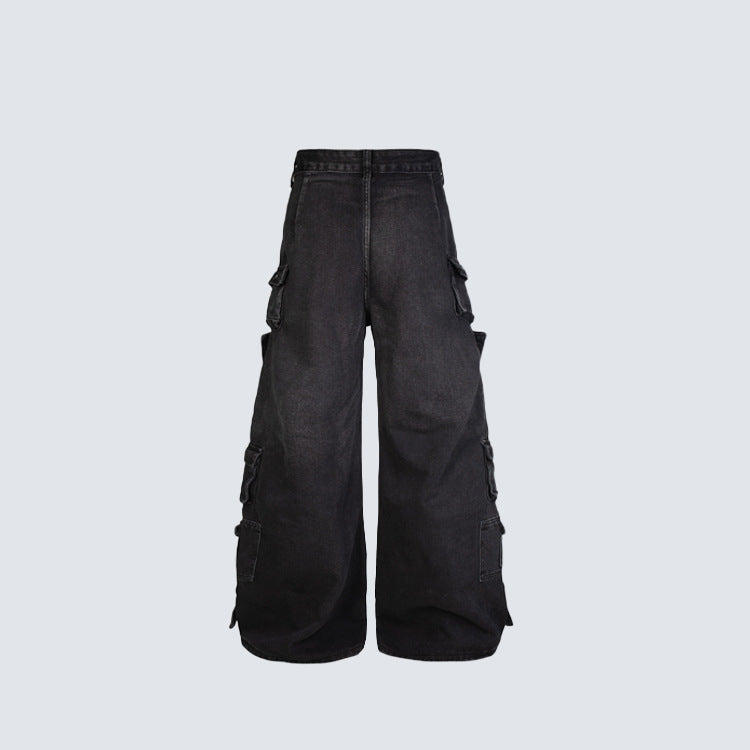 Black Biker Curved Baggy Pants
