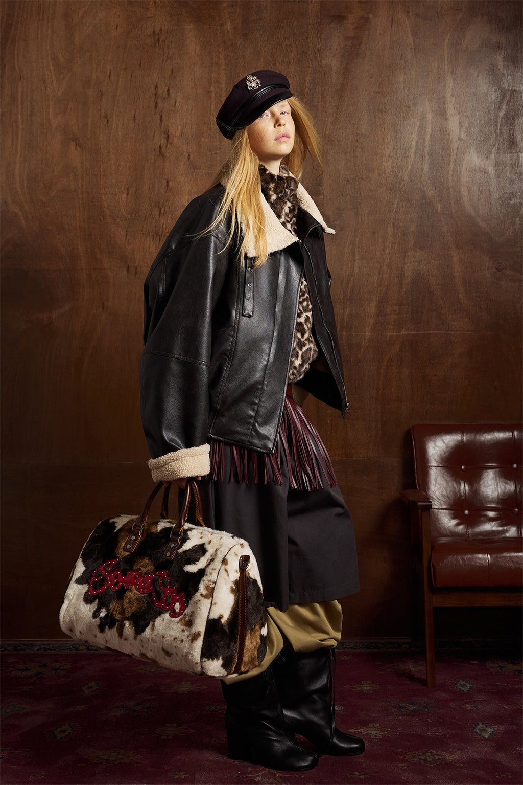 Oversize Fleece Lining Faux Leather Flight Bomber Jacket