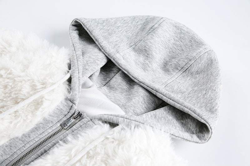 White Fleece Fur Hooded Zip Up Jackets