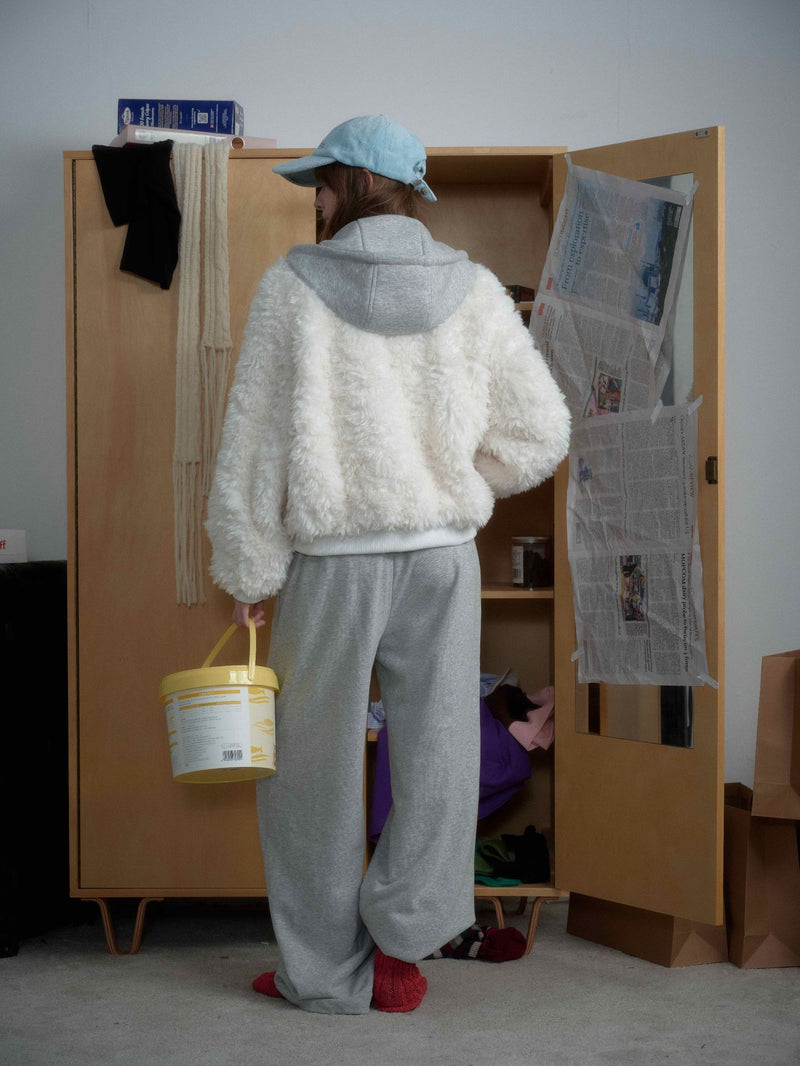 White Fleece Fur Hooded Zip Up Jackets