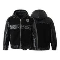 Fleeced Faux Leather Hooded Zip-Up Funnel Jacket