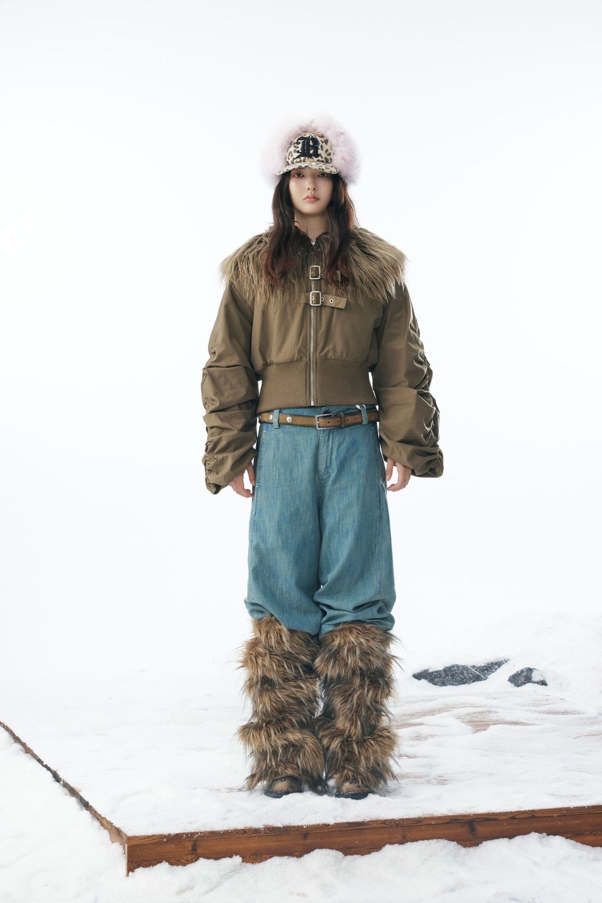 Brown Faux Fur Cropped Zip-Up Bomber