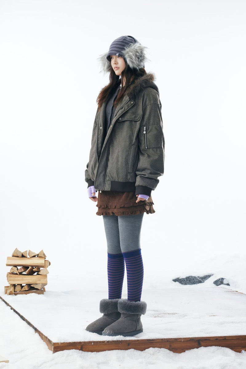 Grey Faux Fur Hooded Flight Jacket