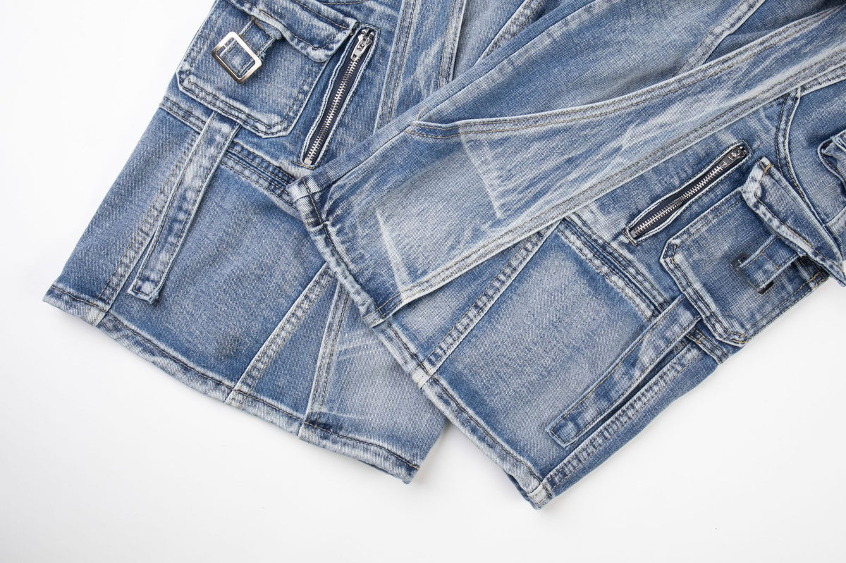 Blue Biker Curved Baggy Pants