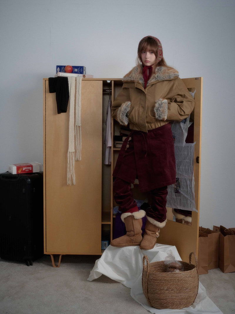 Brown Faux Fur Cropped Funnel Jacakets