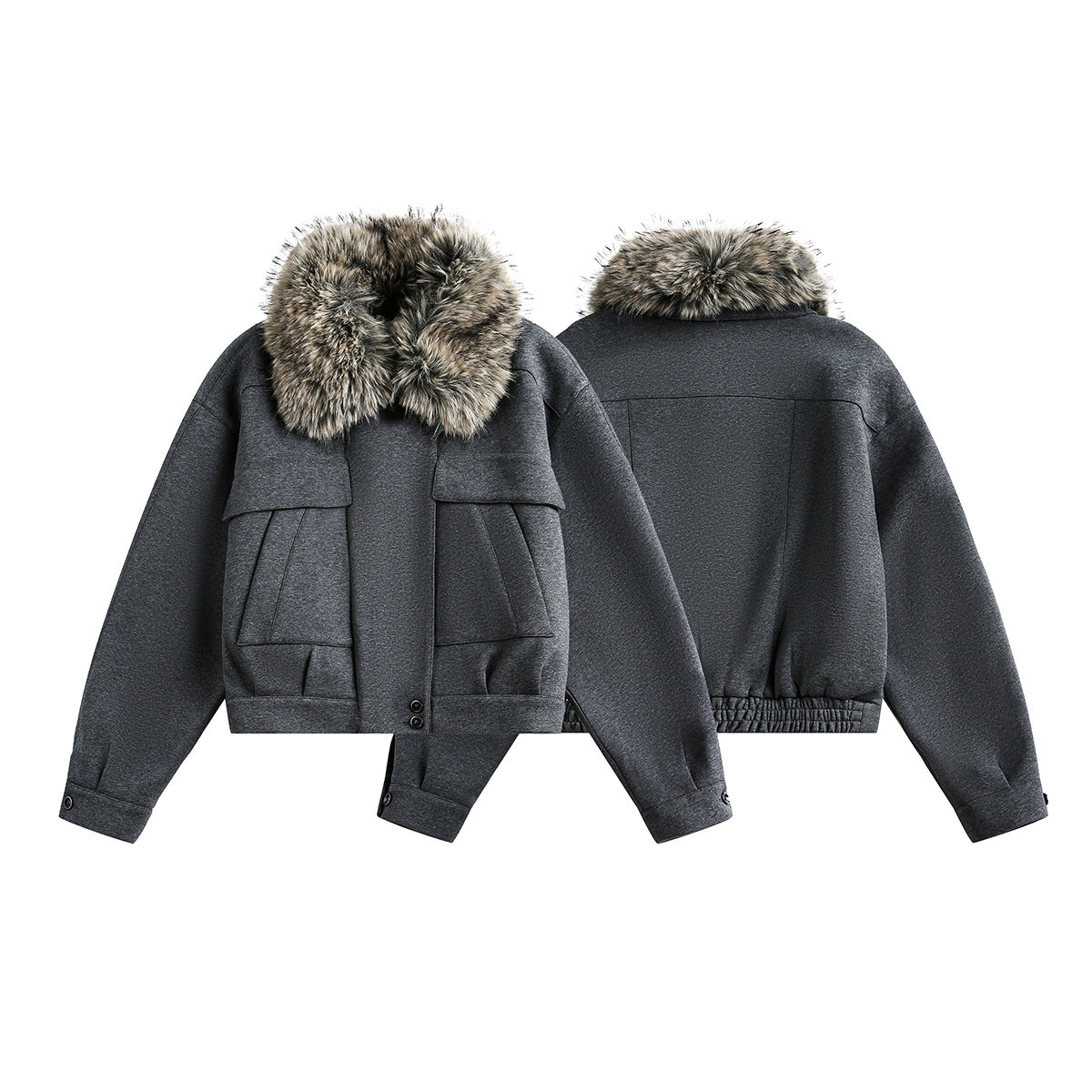 Grey Detachable Faux Fur Neck Hiking Jacket