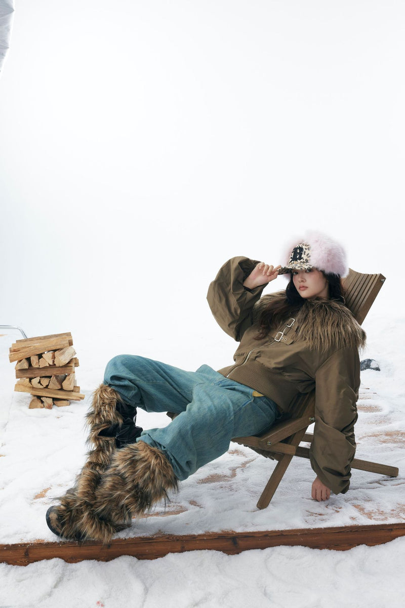 Brown Faux Fur Cropped Zip-Up Bomber