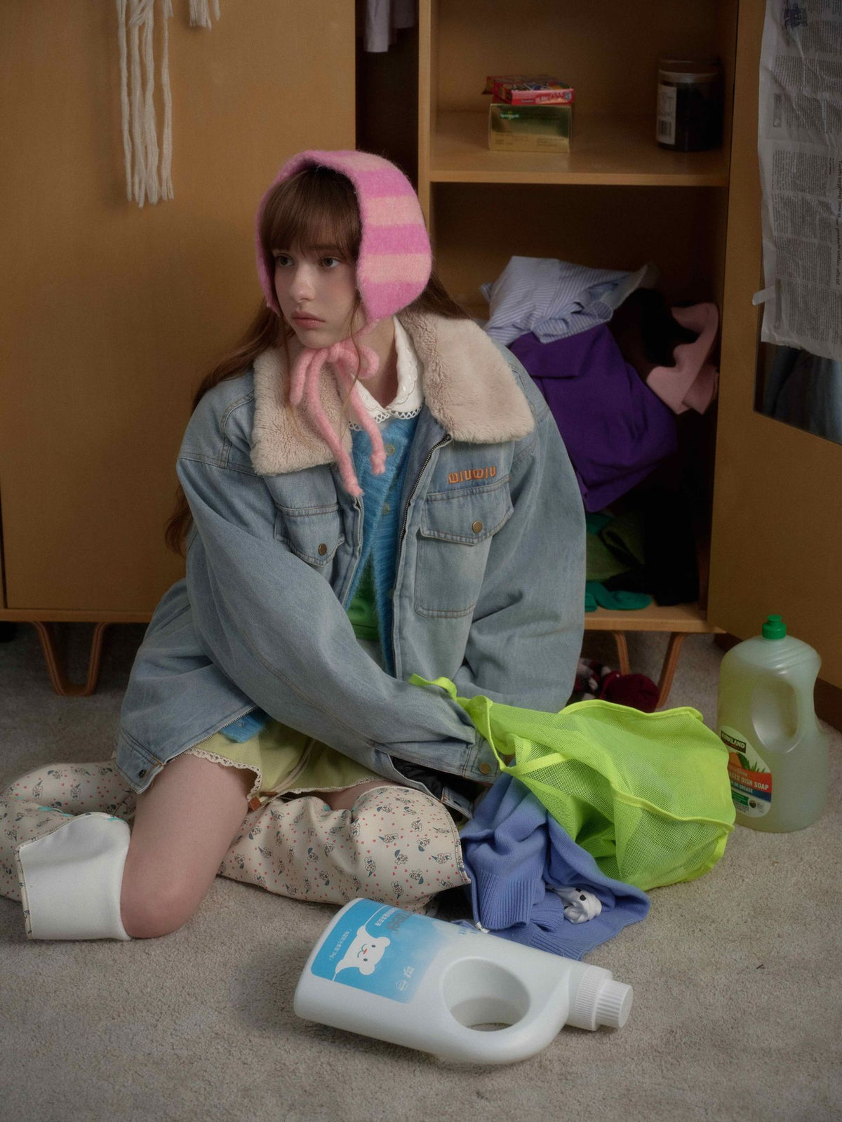 Miu Fleece Lapel Denim Jacket