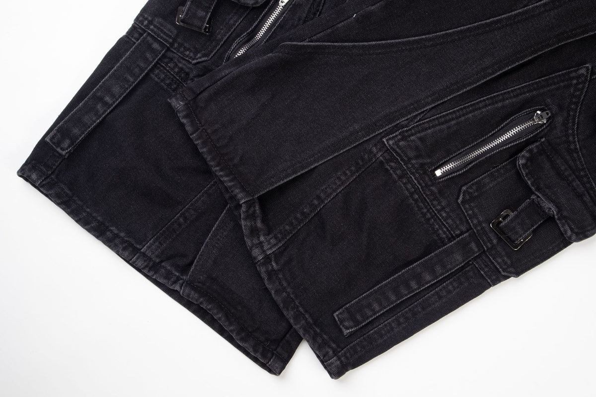 Black Biker Curved Baggy Pants