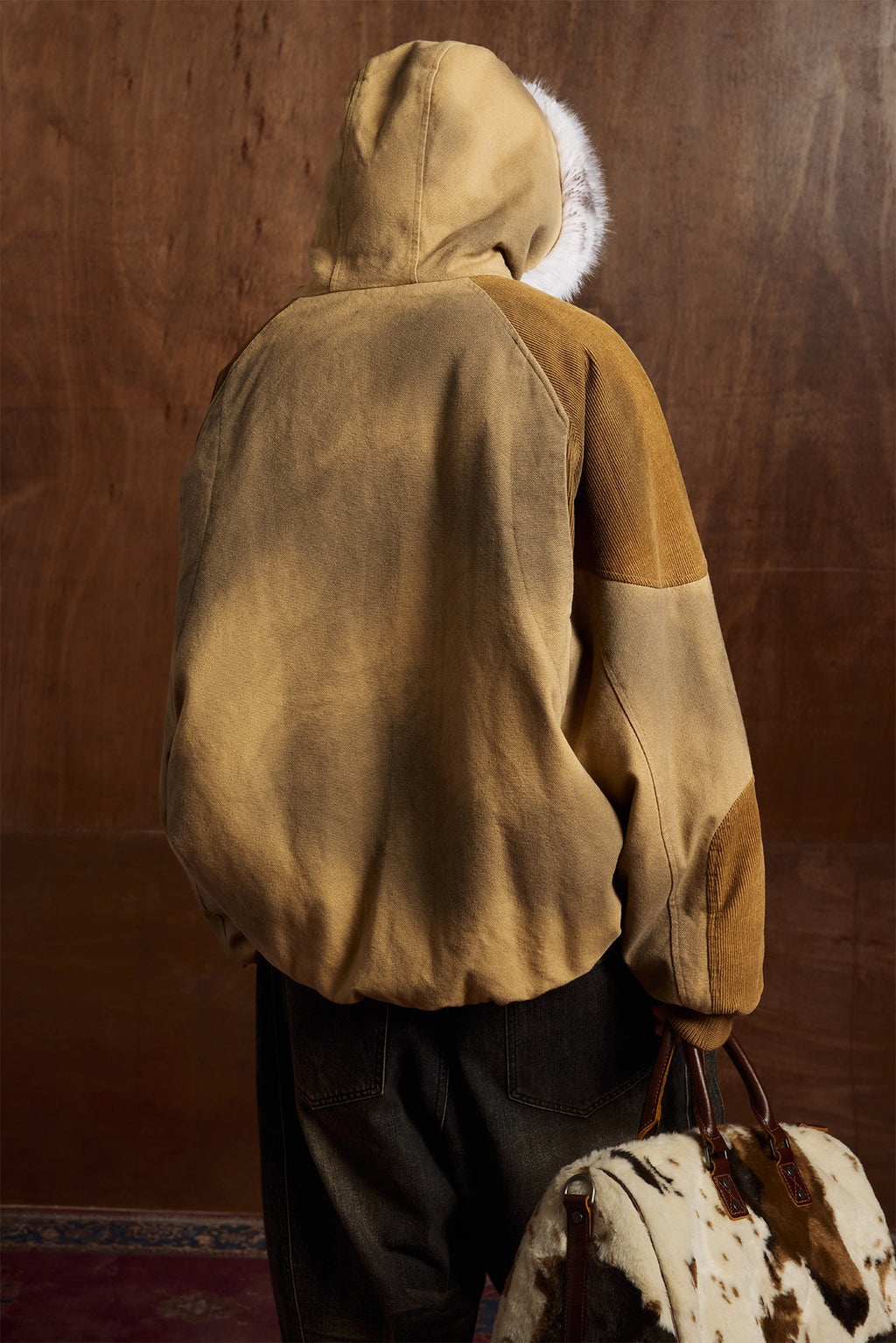 Patched Faux Fur Hooded Flight Zip-up Bomber